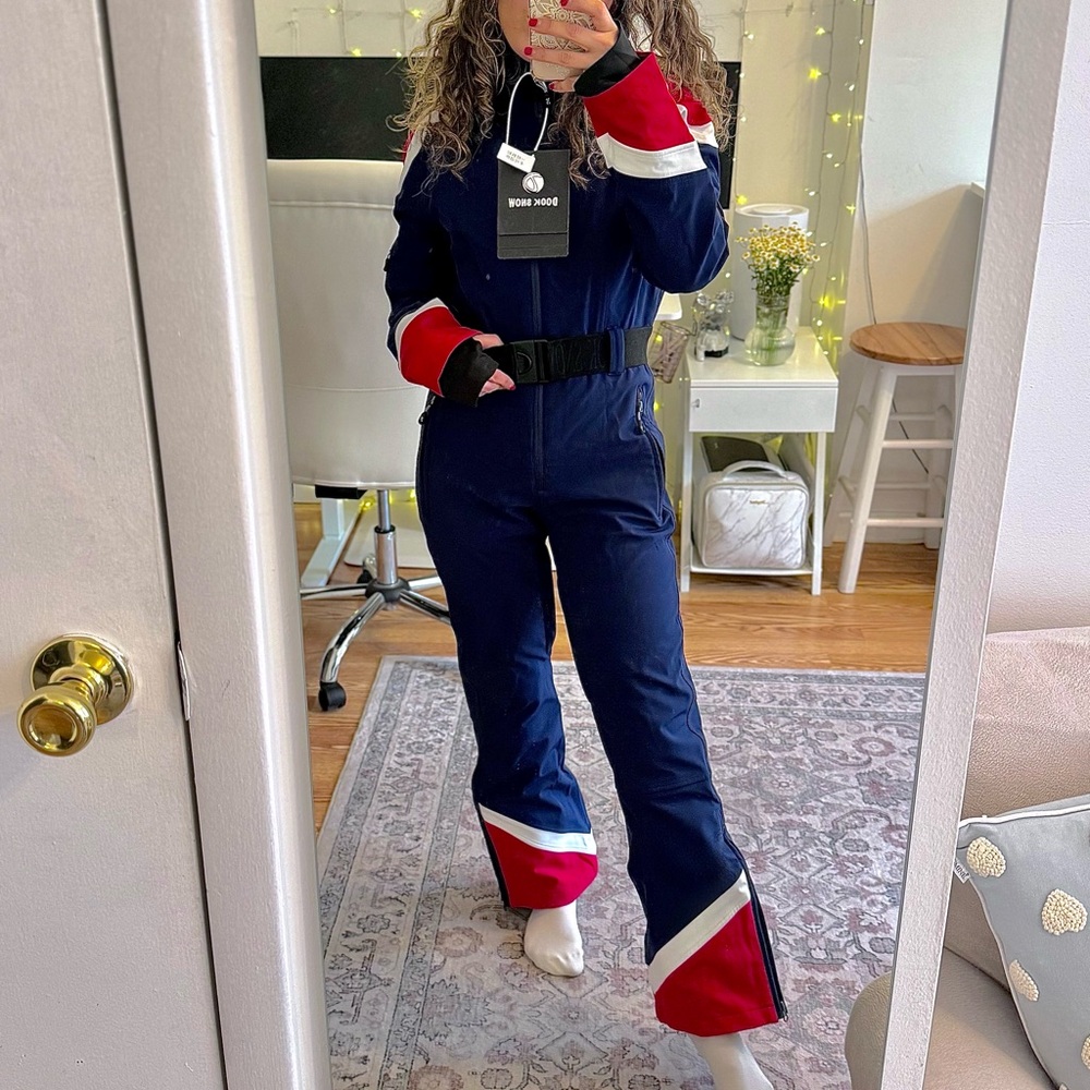 NWT Ski Snowboard Winter One Piece Navy Jumpsuit with Red and White Accents